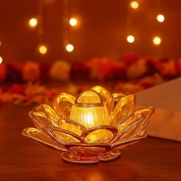 Lotus Shape LED Diya | Decorative Crystal Lotus Light for Home, Temple & Festivals